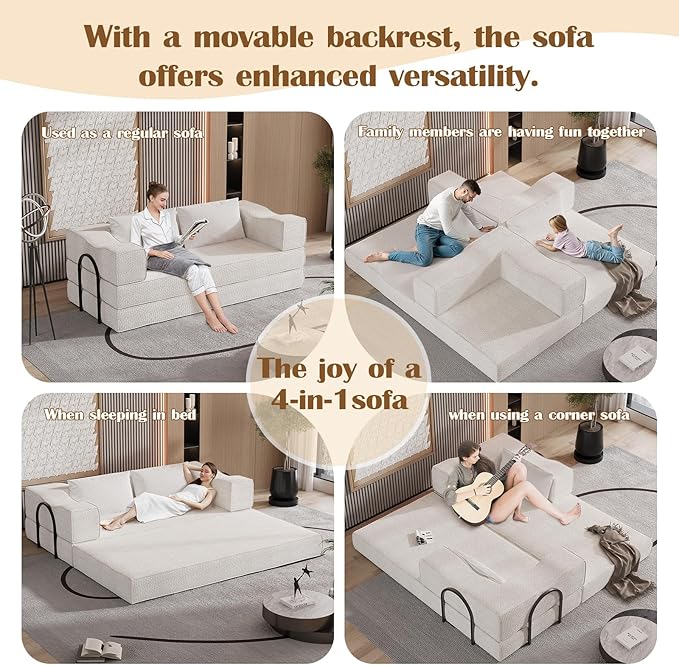 80 Convertible Folding Sofa Bed 4-in-1 DIY Combination Fold Out Sleeper Sofa Bed King Size Loveseat sleeper Couch w/ Removable Armrests Chenille Floor Couch Small couches for small spaces (Beige)