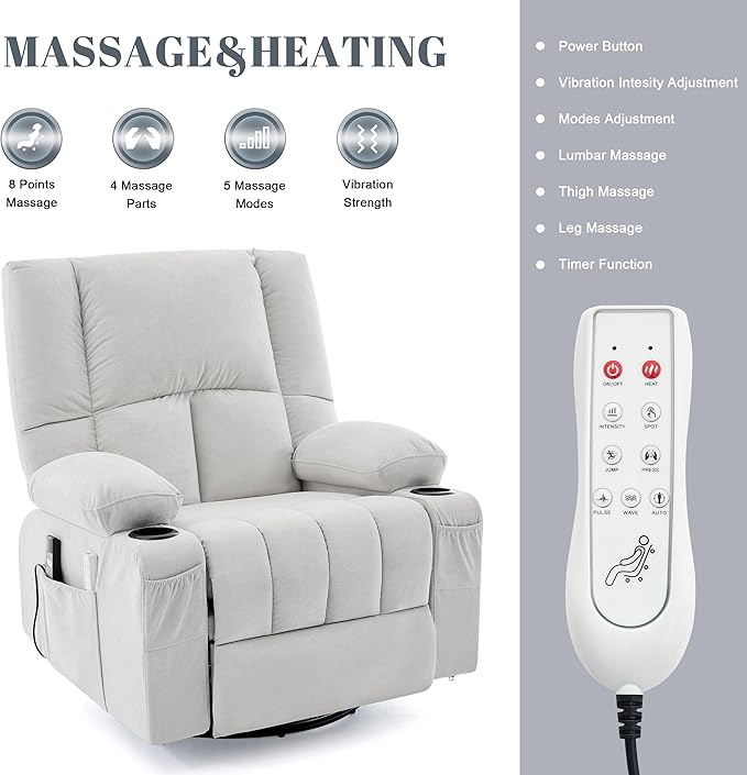 Oversized Recliner Chairs for Adults 270° Swivel Rocker Recliner with Heat and Massage Lazy Boy ReclinerRecliner Chairs Single Sofa Seat with Cup Holders (LightGreyElectric)