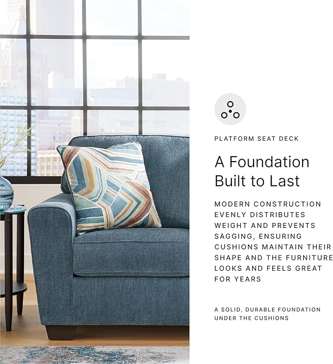 Signature Design by Ashley Cashton Contemporary Loveseat Exposed Feed With Faux Wood Finish Accent Pillows Fabric Upholstery 63 W x 38 D x 39 H Blue
