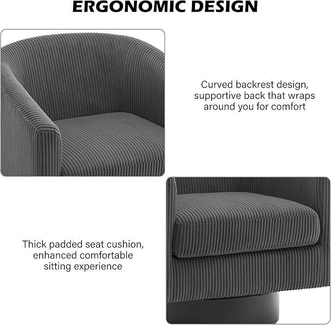 Swivel Barrel Accent Chair Modern Round Corduroy Fabric Arm Chair for Living Room Bedroom Comfy Club Reading Chairs for Adults (Corduroy Grey Set of 1)