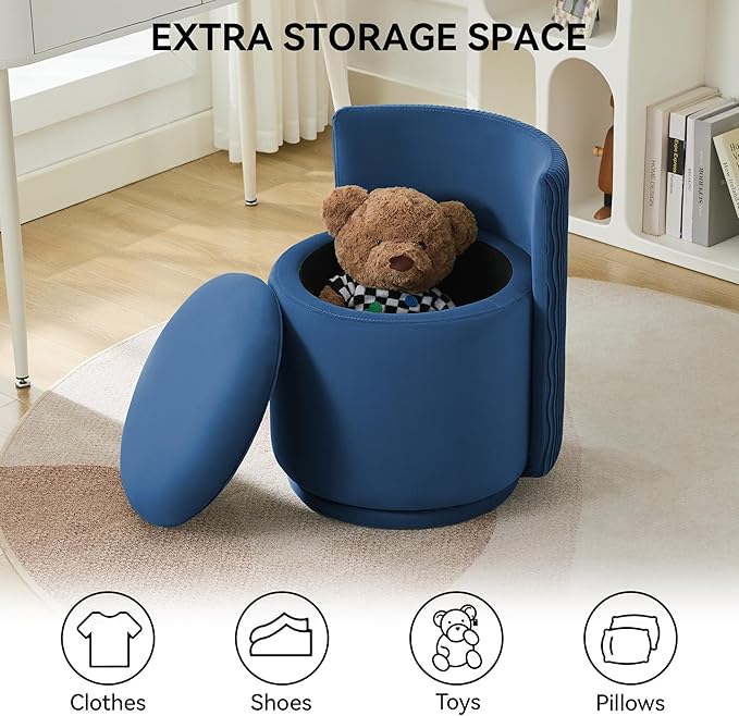 Velvet Vanity Chair with Storage 360° Swivel Makeup Chair with Wave Back No Assembly Small Accent Stool for Bedroom Dressing Living Room Blue