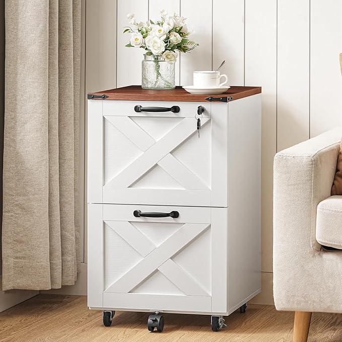 HOOBRO 2 Drawer File Cabinet with Lock Under Desk Mobile Filing Cabinet for Home Office Wooden Farmhouse Office Storage Cabinet Printer Stand Fits Letter and A4 Size Walnut and White WH66WJ01