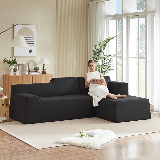 KEIKI 96 L-Shaped Corduroy Modular Sectional Sofa with Right Chaise Lounge &amp High Back &amp High Resilience Cushion Modern Oversized Convertible 3-Seater Couch Easy Assembly for Living Room