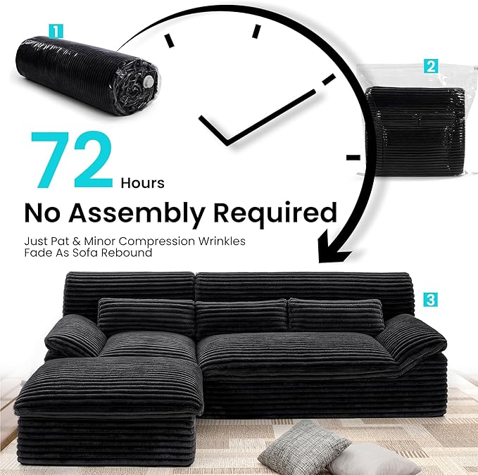Pamapic 3-Seat L-Shaped Modular Sectional SofaBoneless Cloud Couch with Double-Layer Deep Seat Comfy Corduroy Fabric 72h ReboundBlack