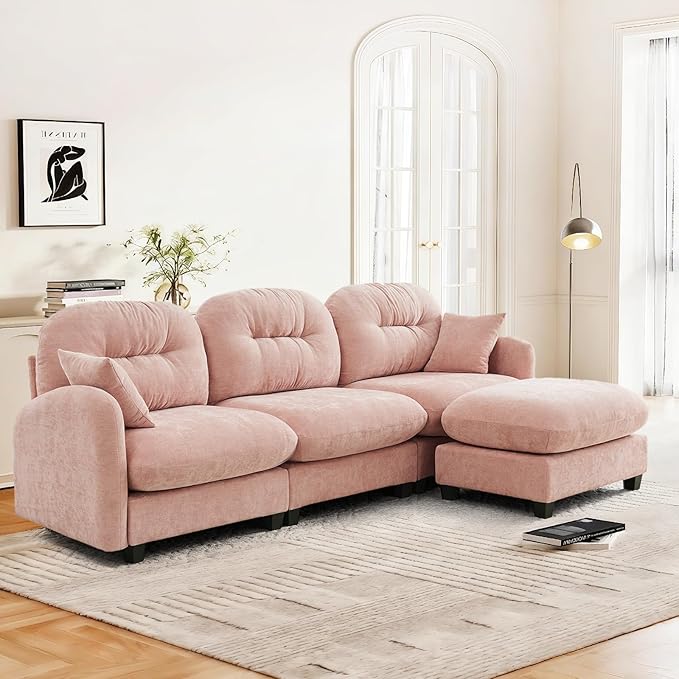 107 L-Shaped 3-Seater Sectional Sofa with Ottoman - Cloud Chaise Lounge Couch High-Resilience Foam &amp Ergonomic Support for Family Living Room Pink