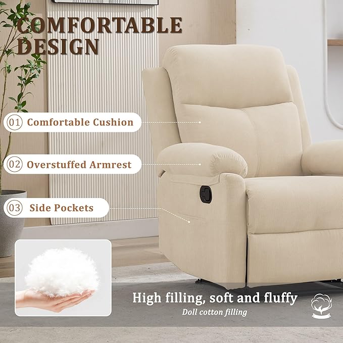 Recliner Chair Manual Recliner for Adults with Side Pocket Small Recliners for Small Spaces Adjustable Comfy Overstuffed Corduroy Reclining Chairs for Living Room Reading Bedroom Beige