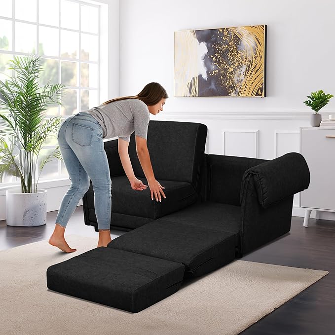 FHFO 65 Loveseat Sleeper Couch for Small Spaces 3 in 1 Pull Out Sofa Bed Convertible Sleeper Sofa Comfy Sofabed for Living Room Bedroom Apartment (Black)