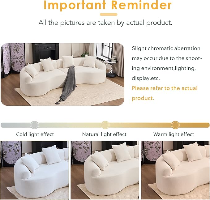 Modern Curved Boneless Sofa 110 Compression Modular Chenille High-Density Sponge Sectional Couch with 4 Seats No Assembly Required Lounge Sleeper Sofa for Living Room Apartment (White)