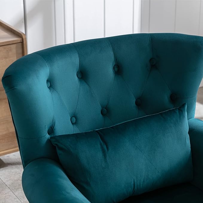 chairus Mid-Century Modern Accent Chair with Ottoman Comfy Velvet Single Sofa Chair Button Tufted Wingback Armchair with Pillow for Living Room/Bedroom/Club - Teal