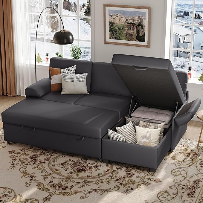 80 inch Convertible Sectional Sofa L-Shaped Sofa Sleeper with Reversible Chaise Faux Leather Couch Bed with StorageRemovable ArmrestModern Pull Out Bed for Living Room BedroomGray