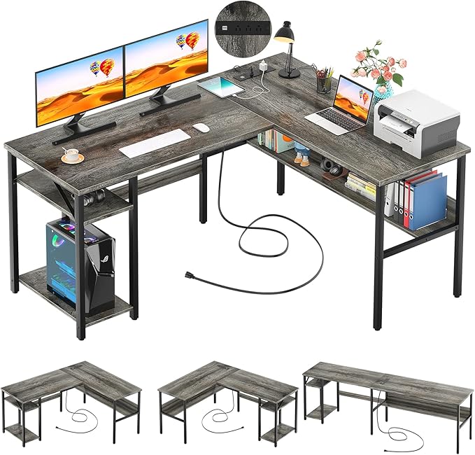 Unikito Reversible L Shaped Desk with Magic Power Outlets and USB Charging Ports Sturdy Corner Computer Desk with Storage Shelves Gaming Desk for Home Office Easy to Assemble Black Oak