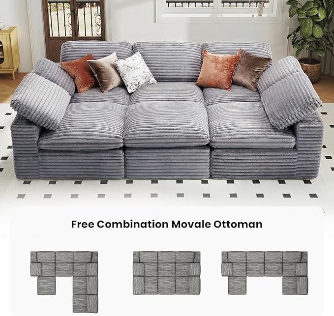 KKL 118 Sectional Modular Boneless Sofa Bed 6 Seater Cloud Couch with Ottoman Corduroy Sectional Couches for Living Room Bedroom Grey