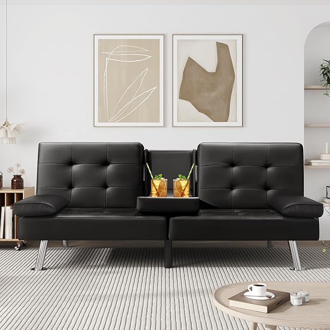 Furniwell Futon Sofa Bed Modern Faux Leather Sofa Couch for Living Room Convertible Folding Adjustable Recliner with 2 Cup Holders and Armrests (Black)