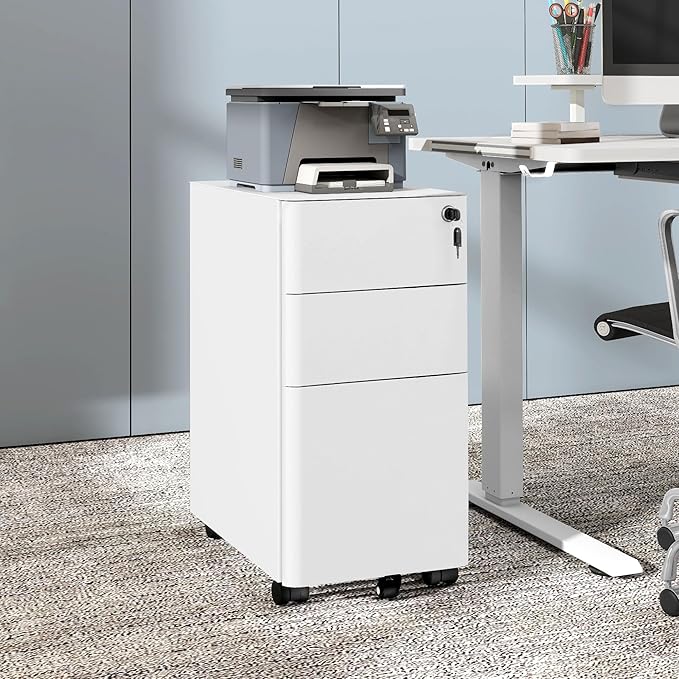 YITAHOME DWVO 3-Drawer Vertical File Cabinet Mobile Filing Cabinet with Lockable Pre-Assembled Compact Slim File Cabinet Portable Office Storage for A4/Letter/Legal Documents (White)
