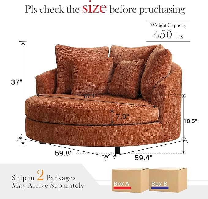 Aoiy &amp Wifon 59.8 W Oversized Barrel Chair Round Accent Chair with Wheels Extra Large Living Room Chair Knitted Chenille Burnt Orange