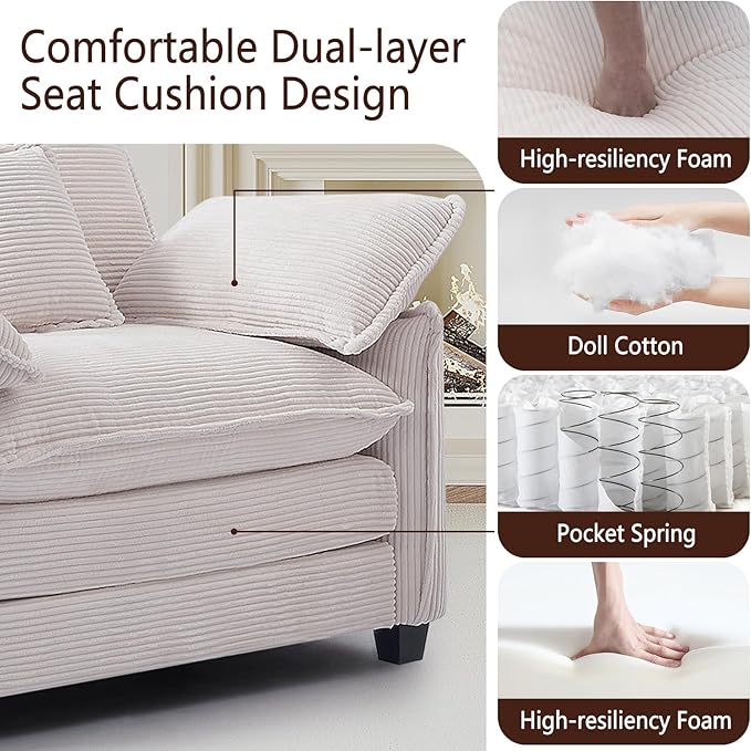 Oversized Chair with Ottoman Modern Corduroy Sofa Bed Single Sofa Chaise Large Upholstered Sofa for Living Room Bedroom (Beige)