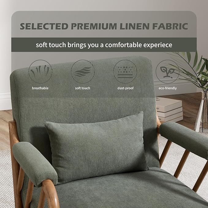 INZOY Accent Chairs Set of 2 Mid Century Modern Accent Chair with Wood Frame Upholstered Reading Armchair with Corduroy Fabric Accent Chair for Living Room Bedroom Apartment Easy Assembly Green