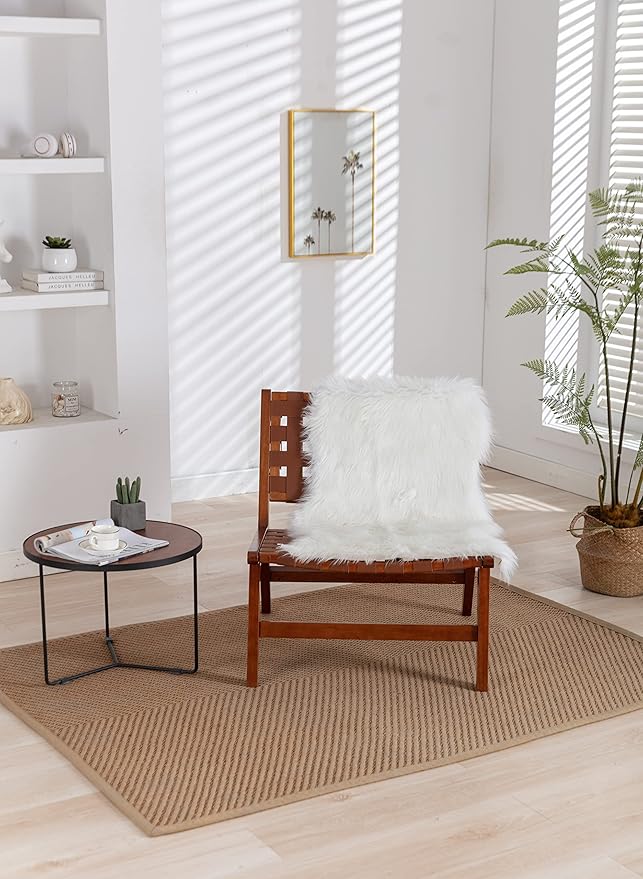 Solid Wood Frame Chair with White Faux Wool. Modern Accent Chair Lounge Chair for Living Room