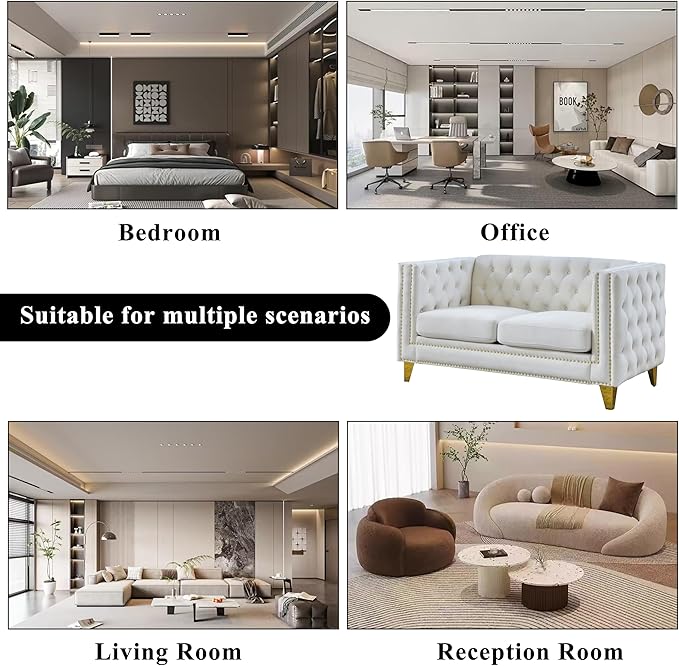 58 Chesterfield Velvet 2-Seater Sofa for Living RoomLoveseat Tufted Couch with Rolled Arms Nailhead and Two Pillows for Living RoomBeige