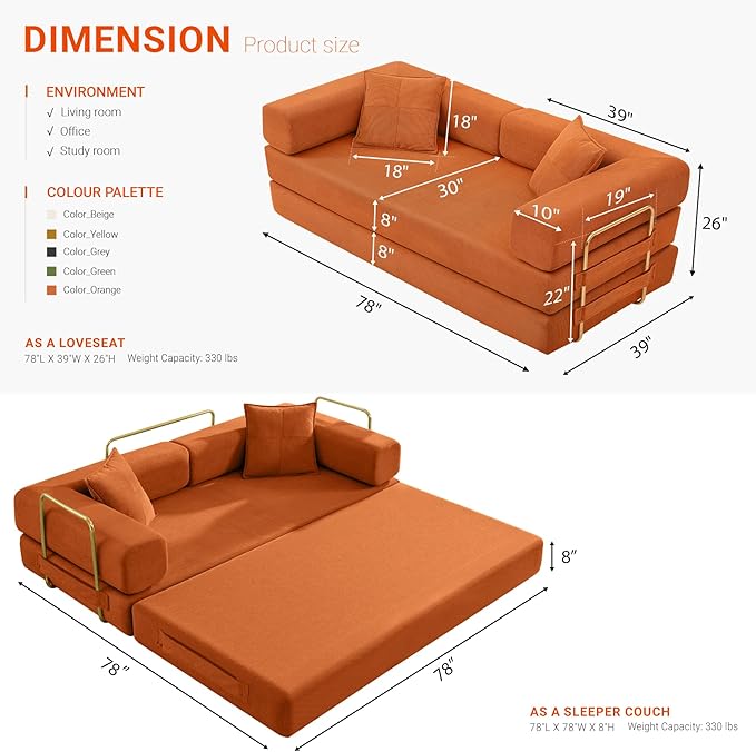 Folding Sofa Bed Convertible Sleeper Sofa Bed with Gold Fixed-Shape Frame Corduroy Floor Couch Lazy Compression Sofa for Living Room Bedroom Home Theater Orange