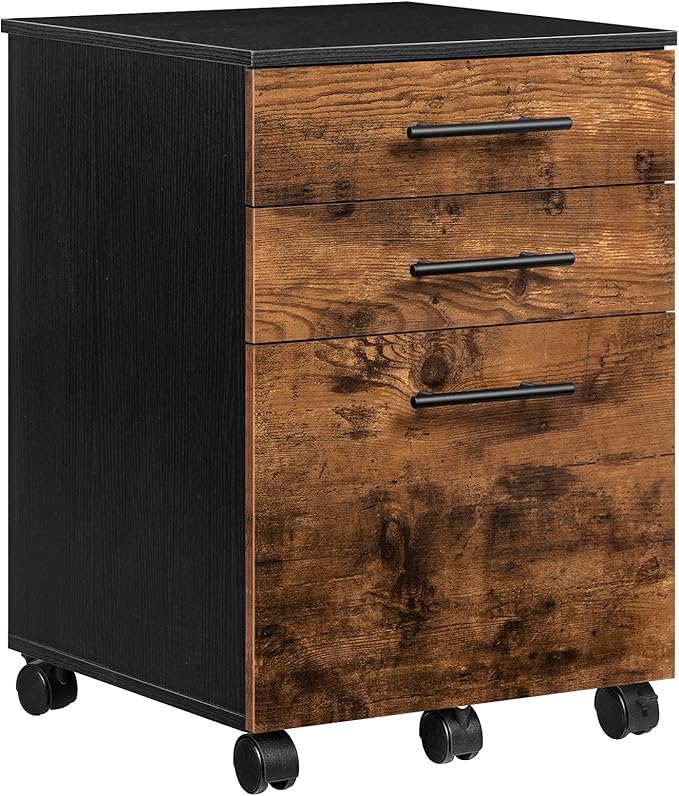 HOOBRO 3-Drawer File Cabinet Wooden Under Desk Filing Cabinet fits A4/Letter Size for Home Office Small Rolling Storage Drawer Chest Printer Stand with Drawers Rustic Brown and Black BF02WJ01G1