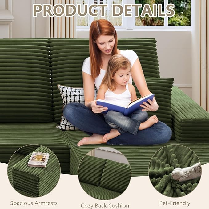 107 Cloud Sectional Couch with U-Shaped Chaise Corduroy Sectional Sofa with Ottoman Boneless Couch with Deep Seat in a Box for Living Room No Assembly Required (Green Right Facing Chaise)