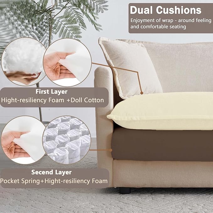111.5 Sofa Modular Sectional Cloud Couch 3-Seat Chenille Deep Seat Sofa with Pillow for Living Room Bedroom and Apartment Light Coffee