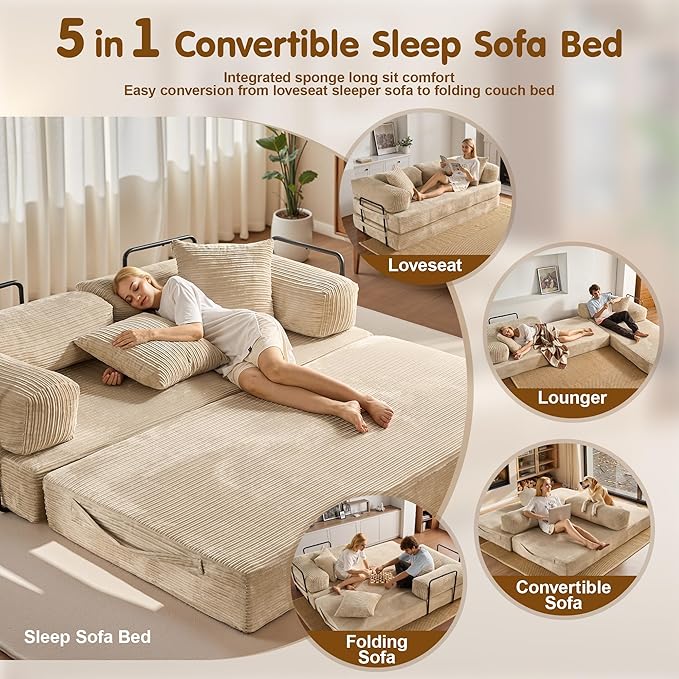 81″ Convertible Sleeper Sofa Bed with Pillows Corduroy Foldable Mattress Couch with Fixed-Shape Frame Futon Sofa Bed Boneless Couch for Living Room Bedroom Lounge Studio Beige