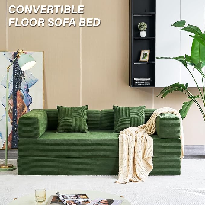 YINIX Foldable Sofa Bed 78'' Folding Floor Couch Compressed Convertable Sleeper Sofa Memory Foam Couch with Pillow Back Support Armrest 4-in-1 Futon Sofa Bed for Living Room Green