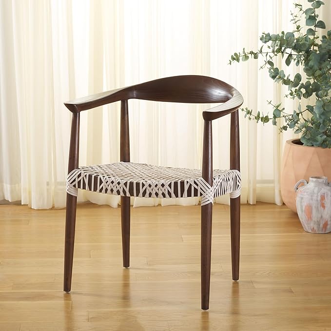 SAFAVIEH Home Collection Bandelier White Leather/Brown Solid Wood Arm Chair (Fully Assembled)