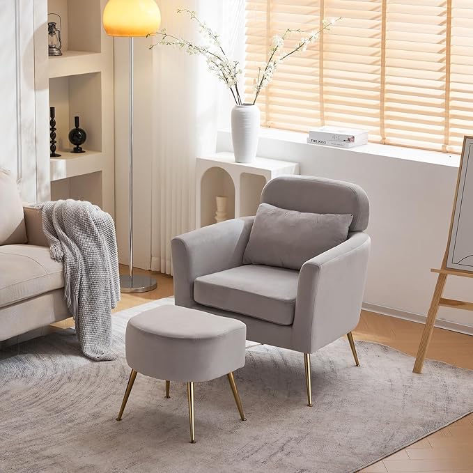 Accent Chair Light Gray Chair with Ottoman Comfy ArmChair Footrest Set Comfortable Living Room Chairs Club Tub Sofa Chair for Reading Room Lazy Chair with Ottoman Accent Lounge Chair with Footstool