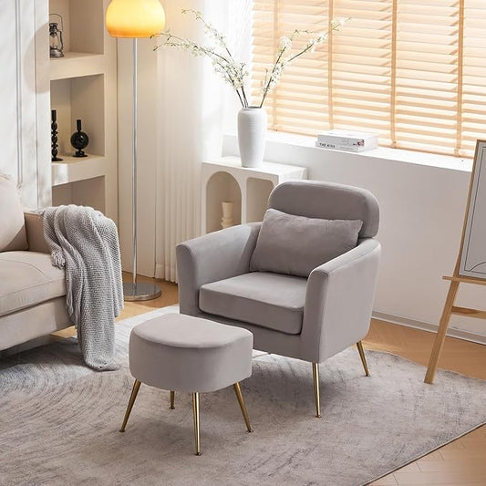 Accent Chair Light Gray Chair with Ottoman Comfy ArmChair Footrest Set Comfortable Living Room Chairs Club Tub Sofa Chair for Reading Room Lazy Chair with Ottoman Accent Lounge Chair with Footstool
