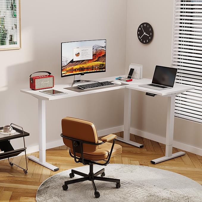 SANODESK Electric Height Adjustable 3 Leg Corner Desk Frame up to 220lbs Sit Stand Ergonomic L Shaped Frame Only White
