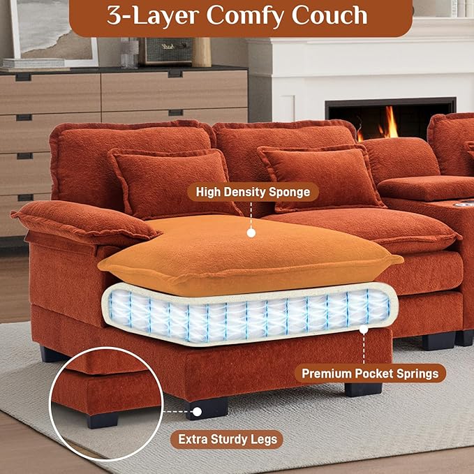 133 Oversized U Shaped Cloud Couch Modular Sectional Couches for Living Room Comfy Chenille Deep Seat Sofa Set with Double Chaise Lounge Storage Central Console Cup Holders USB Port Orange