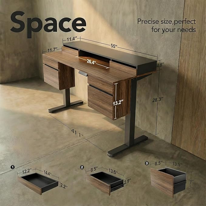 ErGear Electric Standing Desk with 6 Drawers 55 Inch Height Adjustable Stand Up Desk with Storage Computer Workstation with Monitor Stand for Home Office Black Walnut