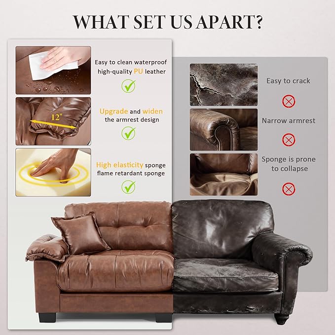 Faux Leather Sofa Mid Century Modern Deep Loveseats Comfy Cloud Couch Tufted Pillow Top Arm Furniture for Living Room Apartment Cognac Brown