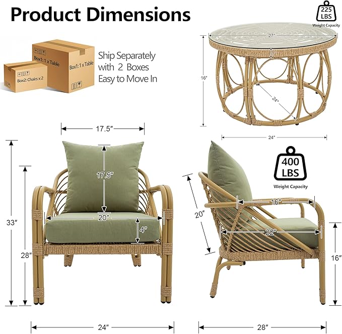 Living Room Chairs Aluminum Accent Chairs Set of 2 Comfortable Arm Chair with Glass Coffee Table Comfy Armchair for Bedroom Rattan Braid Armchairs Accent Chair for Indoor/Outdoor Green