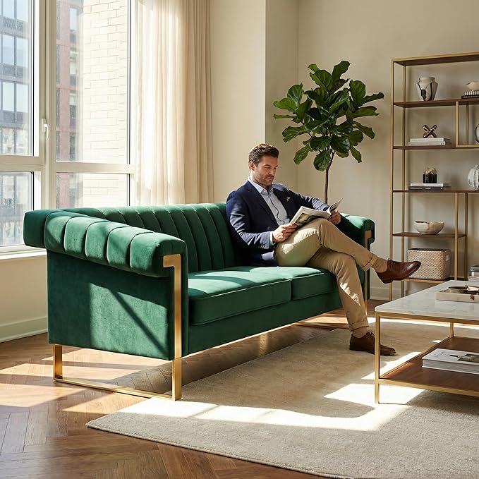 Luxury Velvet 3-Seater Sofa Mid-Century Modern Couch with Gold Metal Legs Waterfall Stitched Back Removable Cushions for Living Room Durable &amp Comfortable (Green)