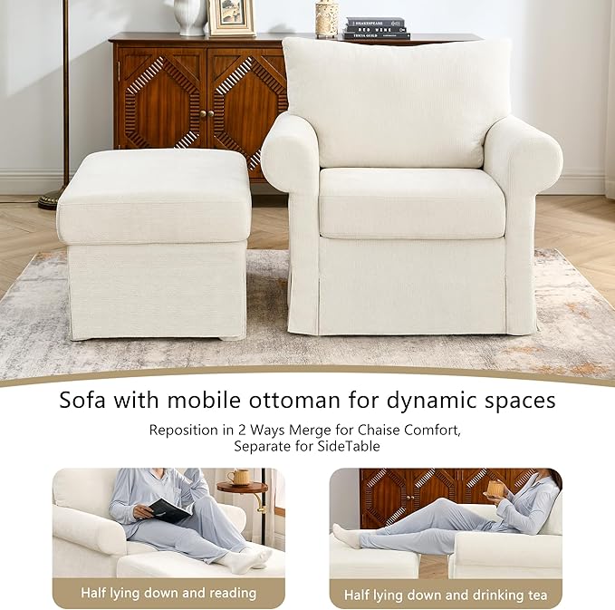 Living Room Chairs with Ottoman Small Accent Chair for Bedroom Single Sofa Couch with Chenille Fabric for Apartment and Small Places (Beige)