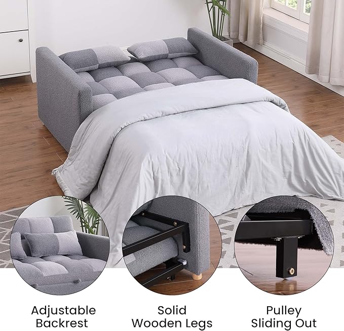 Loveseat Sleeper Sofa Bed Pull Out Couch with Adjustable Backrest and Soft Fabric Deal for Living Room and Small Spaces Grey