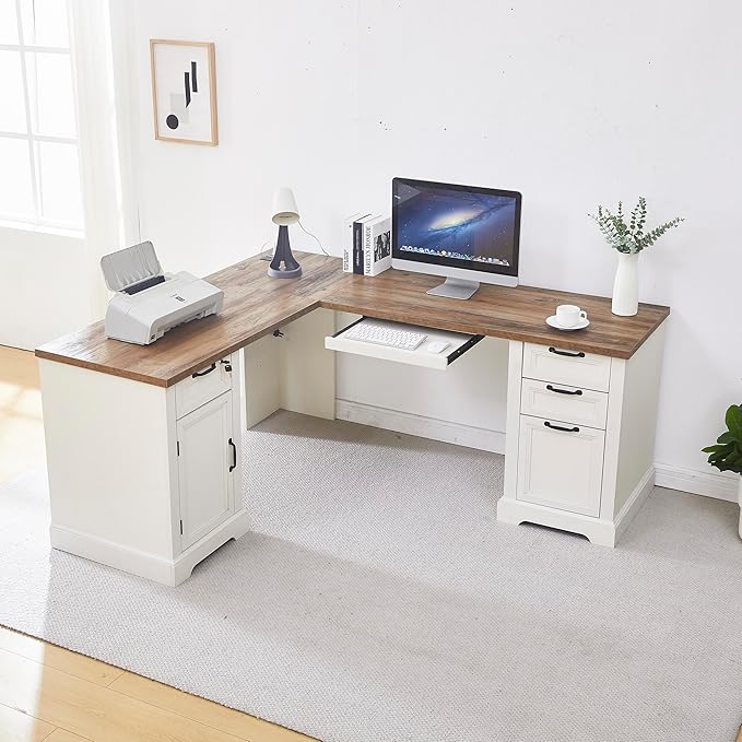 69 Farmhouse L Shaped Desk with Charging StationKeyboard TrayLockable Drawers and Storage Cabinet &amp Adjustable File CabinetWhite Corner Desk for Home Office