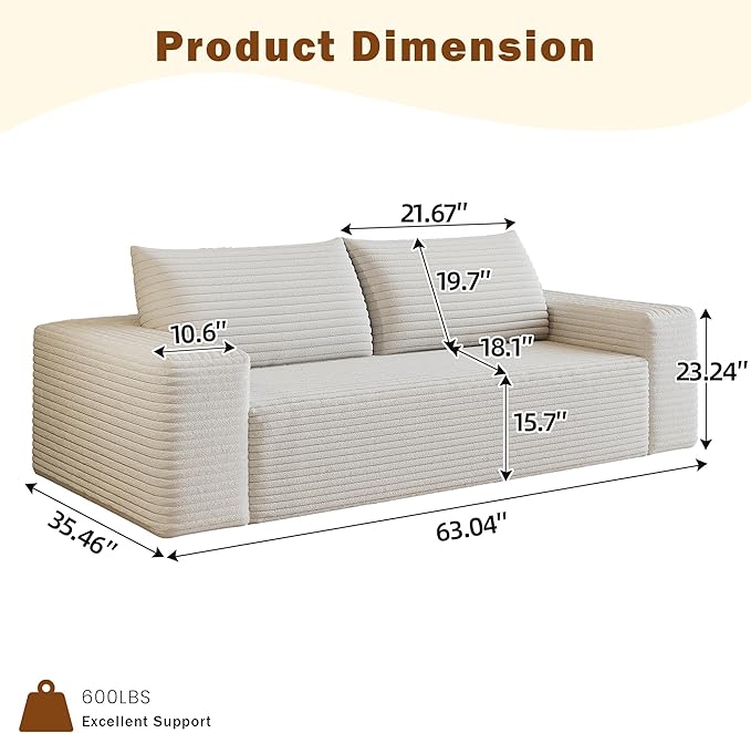 63 Small Cloud Loveseat Sofa in a Box Comfy Corduroy 2-Seater Boneless Couch Modern Deep Seat Sofa for Small Spaces Living Room &amp Apartment No Assembly Required (White 63 inch) | Memory Foam