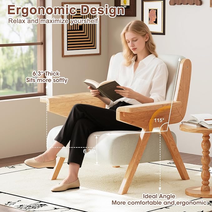 Accent Chair Mid Century Modern Chair Velvet Upholstered Lounge Arm Chair with Solid Wood Cozy Reading Chair for Living Room Bedroom Balcony(White)