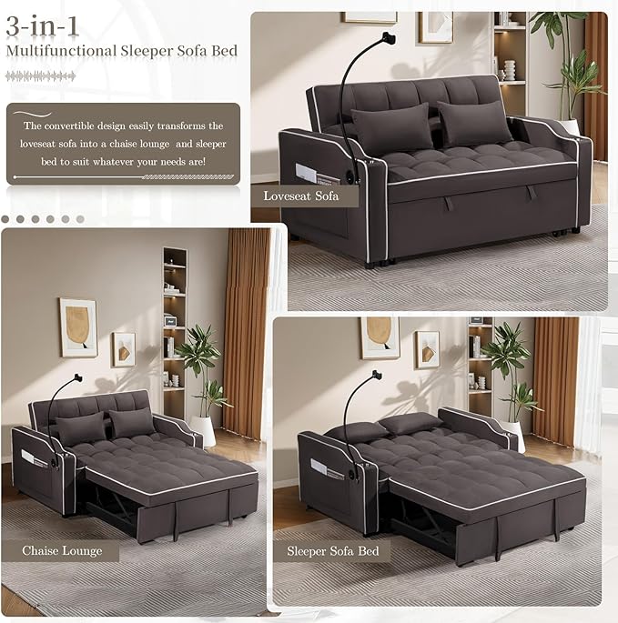 JEEOEHY 3 in 1 Convertible Sleeper Sofa BedVelvet Pull Out Couch Bed w USB&ampType C PortComfy Futon Loveseat with Adjustable Backrest&ampPhone Holder for Living Room Apartment Small Space(Brown)
