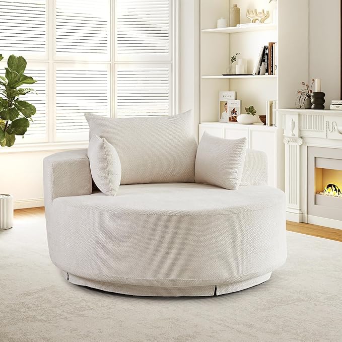 55 W Oversized Round Swivel Accent Barrel Chair360 Degree Chenille Upholstered Comfy Chaise Lounge Chair IndoorModern Deep Seat Single Sofa Armchair for Living RoomApartmentOffice(GridBeige)