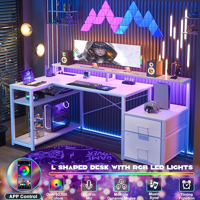 Aheaplus L Shaped Desk with File Drawer Reversible L Shaped Computer Desk Gaming Desk with Power Outlet &amp LED Strip Home Office Desk with Monitor Shelf Corner Desk with Storage Shelves White