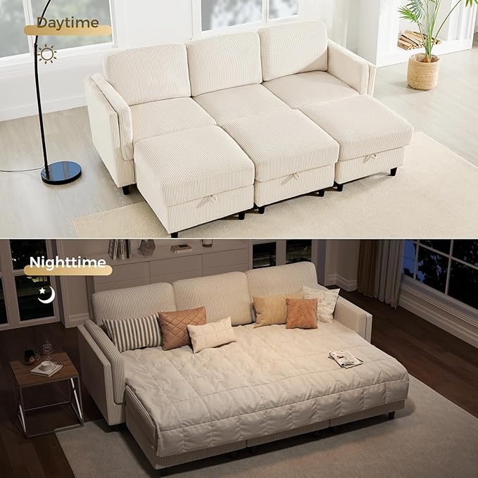 KKL 6 Seaters Sofa Bed for Living Room - Sofa Couch with Storage Ottoman Convertible L/U-Shaped Sleeper Couch for Living Room Modern Reversible Design Beige