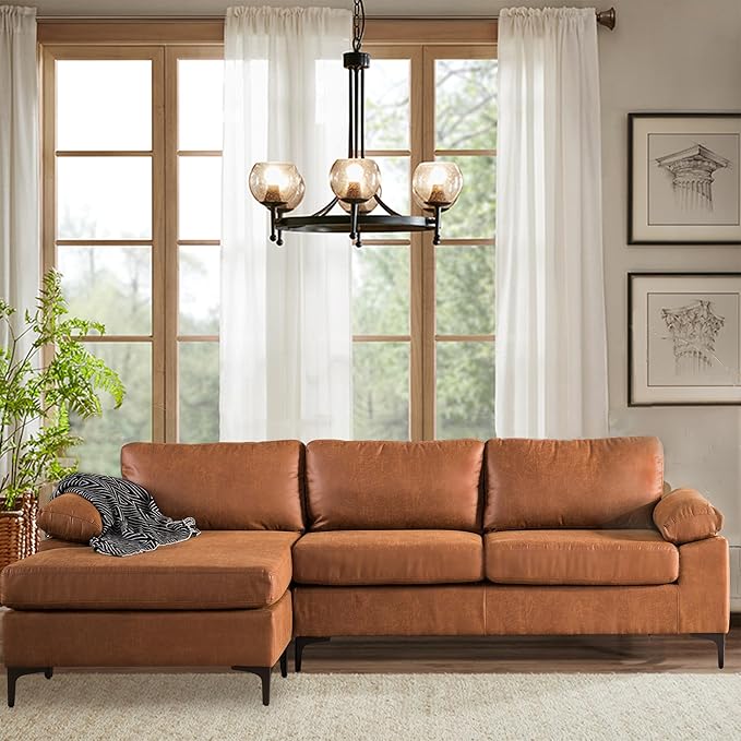 100 Faux Leather Convertible Sectional Sofa Couches for Living Room3 Seater L Shaped Sofa Couch with Reversible ChaiseMid-Century Modern Comfy Deep Seat Sofa (BrownSuede Fabric)