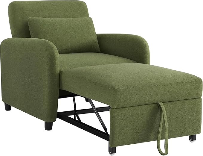 CHITA Sleeper Chair 3-in-1 Pull Out Convertible Single Sofa Bed with Adjustable Backrest Chenille Chaise Lounge Chair for Living Room Bedroom &amp Apartment Moss