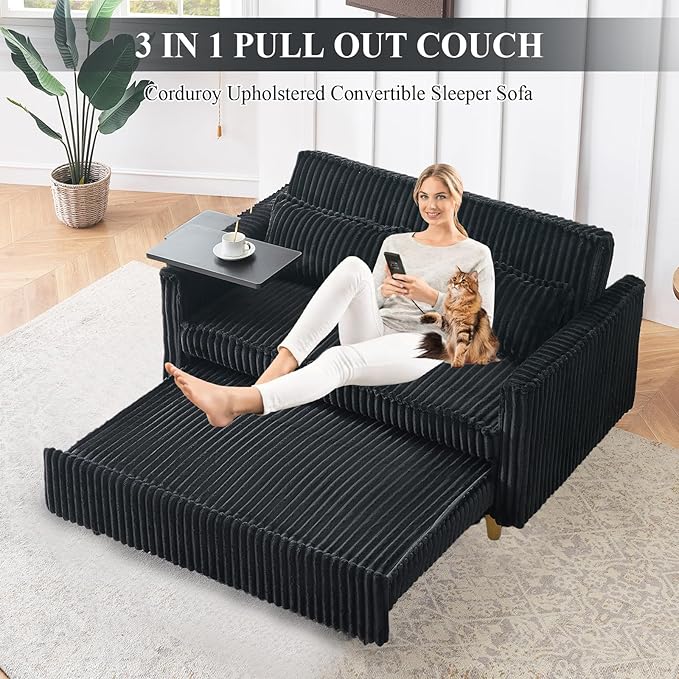 3 in 1 Pull Out CouchCorduroy Upholstered Convertible Sleeper Sofa Bed with Movable Side Table Modern Multifunctional Sofa with USB Port Cushioned Couch for Living Room (Black)